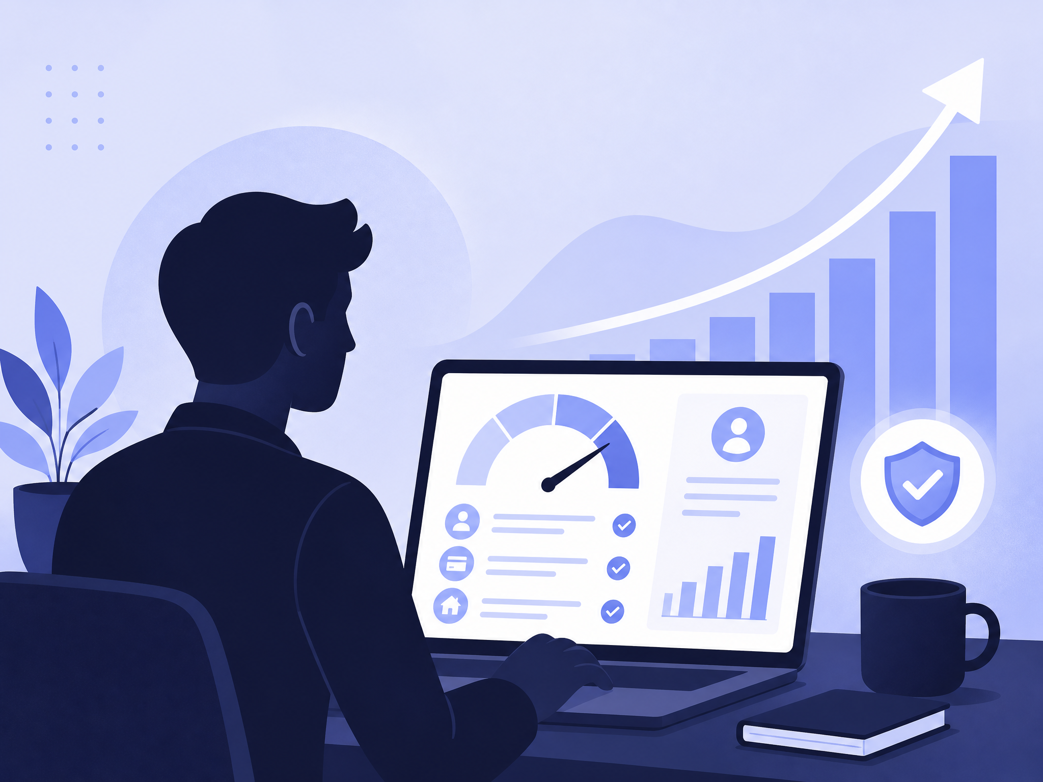 Person reviewing credit report on laptop with rising credit score chart