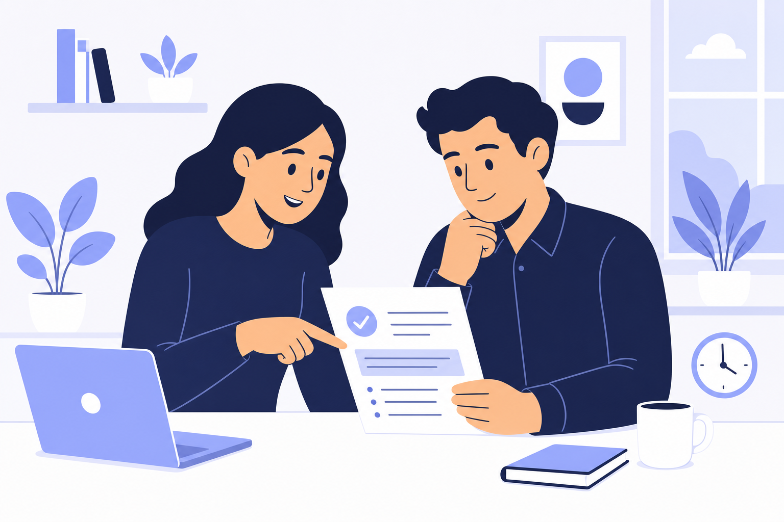 Illustration of person helping another understand a document